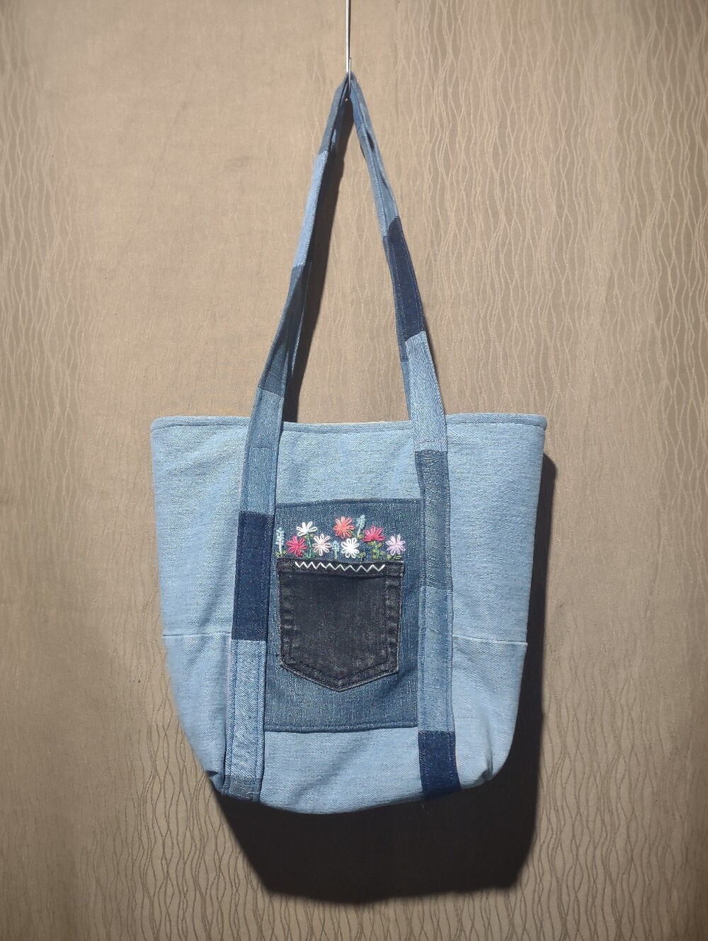Handmade Upcycled Denim Tote Bag with Embroidery Design